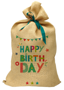 Personalised birthday sack a large gift bag 100 hessian printed